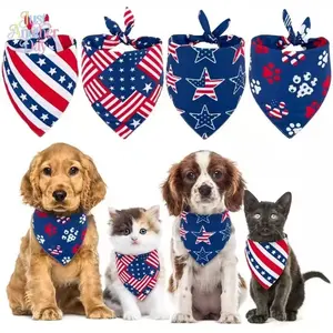 4Pcs American Flag Style Pet Bandanas, Patriotic Triangle Dog Scarves, Adjustable Polyester Pet Bibs for Dogs & Cats, 4th of July & Daily Decor