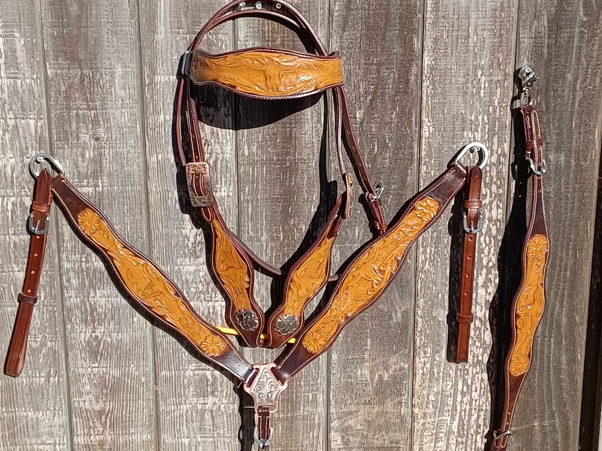Hand-Tooled Longhorn and Flowers Horse Tack Bridle Set with Wither Strap, Ideal for Rodeo, Barrel Racing, Trail Riding, Gymkhana