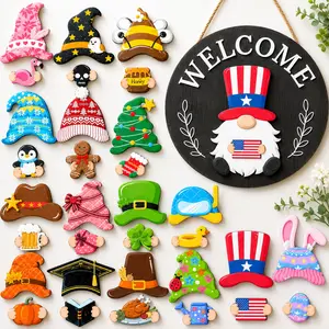 DIY Craft Interchangeable Gnome Welcome Door Sign, Custom Mix & Match Seasonal Wooden Magnet Ornaments Hanging Decor