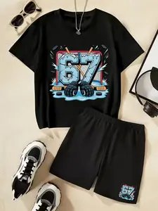Ice Hockey Theme Digital 67 Patterned Children's Short-Sleeved Set. Summer Casual, Comfortable, Fashionable, Daily And Outdoor Versatile T-Shirt Set With Shorts. Matching Outfits Set The Perfect Gift Choice