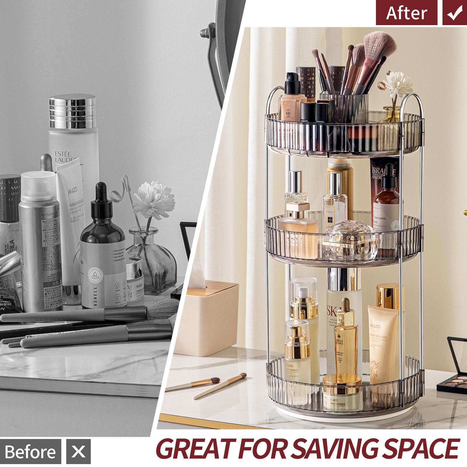 Rotating Makeup Organizer 360° Spins Easily & Sturdy 3-Tier Storage for Cosmetics and Skincare with High-Transparency PET Shelves and Powder-Coated Steel Frame