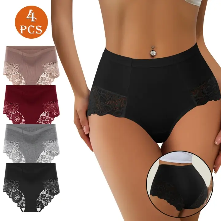 QUASTI 4/5-Piece High-Waisted Elegant Lace Women's Panties, Double-Sided Lace Trim Style, Soft and Breathable Fit, Combining Elegance and Sexiness, womens  underwer Sizes S-XXL
