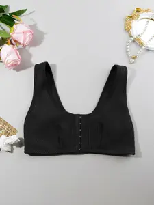 🔥 Women's Ribbed Front-Closure Wireless Bra - Supportive Push-Up with Anti-Sagging Design, Adjustable Hook-and-Eye Closure, Breathable & Stretch Fabric for Daily & Sports