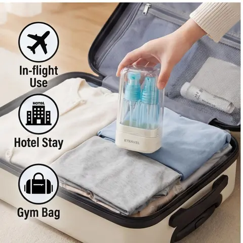 Adults' 5-in-1 Leak-Proof Travel Toiletries Multi-Pack - Classic, Eco-Friendly, Durable, Lightweight, Mini Compact 30ml Refill-Easy Bottles & Jars with Spray Bottle for Lotion, Shampoo, Checkpoint-Friendly Home Organizer Box (Daily Use, Business Trips)