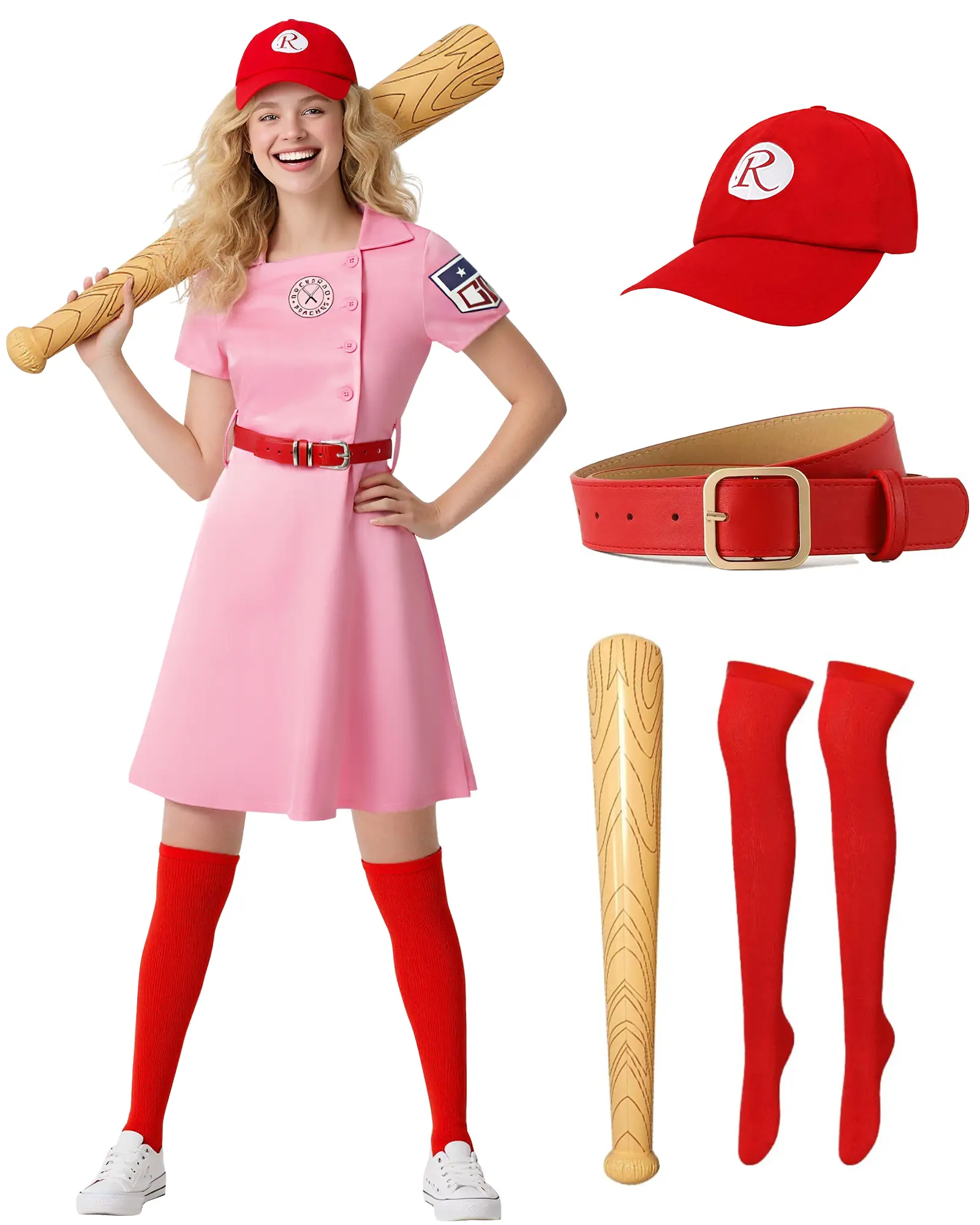 Women Baseball Dress Costume Set, Cosplay Pink Dress with Red Cap, Belt, Socks and Plastic Baseball Bat for Halloween Fancy Dress Party