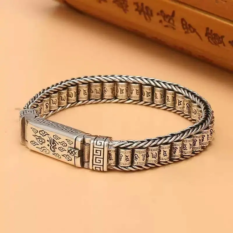 Hand-Woven Rotating Drum Bracelet - Retro Fashion 6-Character Xiangyun Design, Unisex Christmas Gift for Fashion Accessories Enthusiasts daily heavy duty elegant jewelry men