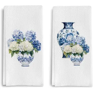 Blue and White Porcelain Chinoiserie Kitchen Towels Set of 2, Hydrangea Floral Dish Towels  Towels for Kitchen, Chinoiserie Decor Hand Towels for Bathroom, Grand Millenial Decor 16x24 Inch