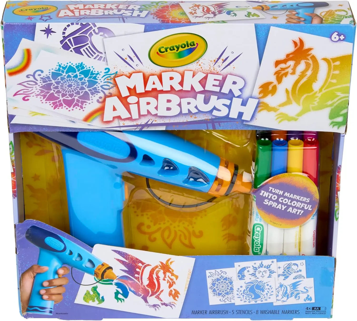 Marker Airbrush Spray Art Kit, 8 Washable Markers, 5 Stencils | Arts & Crafts Toys for Kids, Birthday, Holiday Gifts for Girls & Boys 6+, Battery-Powered Sprayer Kids Activities
