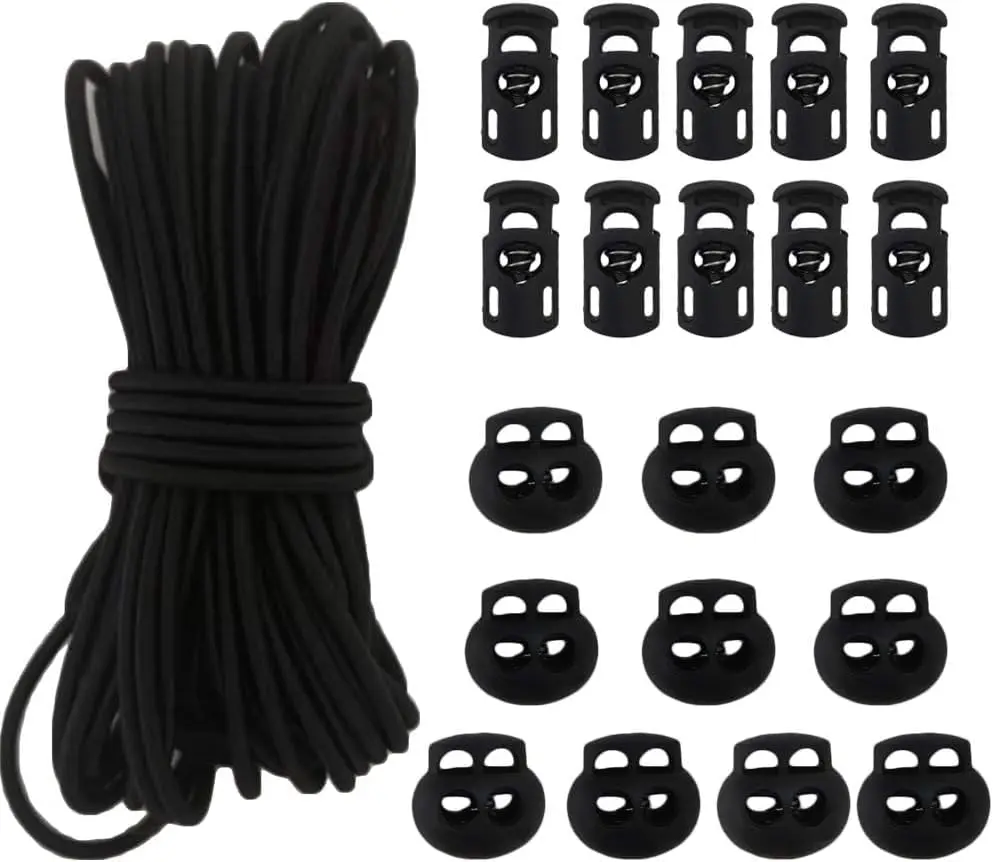 ABS Plastic Spring-Loaded Cord Locks & Elastic String Set - 30pcs Total (10pcs 23*22mm Double Hole, 20pcs Standard), 50ft 1/8-Inch Heavy Stretch Round Elastic String, 7mm/5.5mm Polyester Sleeve for Sewing Accessories & Haberdashery