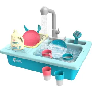 Color Changing Kitchen Sink Toys, Children Electric Dishwasher Playing Toy with Running Water, Upgraded Faucet, Automatic Water Cycle System Play House Pretend Role Play Toys for Boys Girls