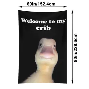 Welcome to My Crib Funny Flag Duck 2x3 Feet Bedroom Wall Art Tapestry for Family Dormitory Living Room with Four Brass Grommet Holes Pink Color