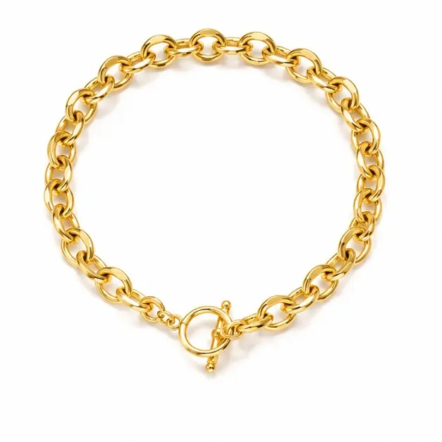 Chunky Gold Color Cable Link Necklace, Stainless Steel Bold Look Jewelry with Toggle T-Bar Clasp, Long Length for Casual Wear