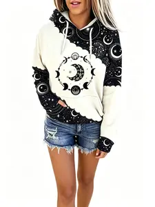 Women's Clothing Style Hooded Sweatshirt, Black And White Moon-Star Pattern Pullover, With A Slanted Pocket On The Hood, Soft And Elastic Long-Sleeved Sports Shirt, Suitable For Autumn And Winter