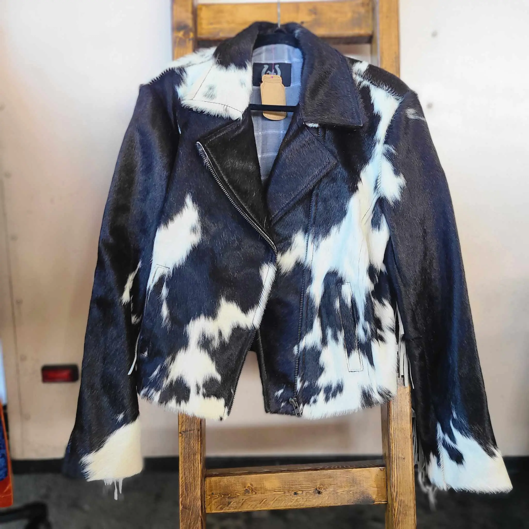 Fringe Cowhide Jacket - Large / Black & White Womenswear Coats