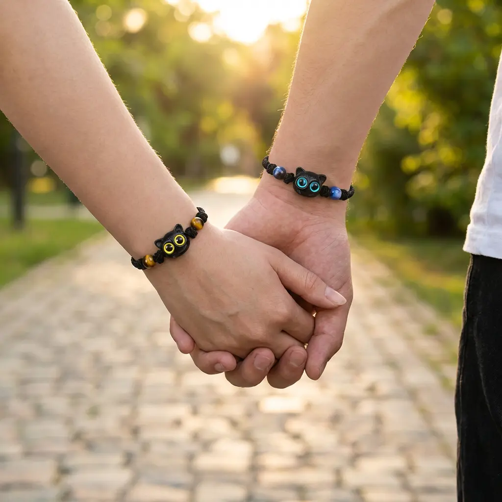 Matching Black Cat Couple Bracelets Handmade Braided Rope Lucky Amulet Jewelry Valentine's Day Gift for Boyfriend Girlfriend