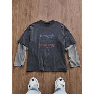 SWAVVY Men Knit Casual Loose Fit Letter Graphic Color Block Urban Long Sleeve T-Shirt With English Graphic Print Patchwork Design, Back To School, Summer