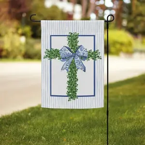 Boxwood Cross Garden Flag with Chinoiserie Bow | Christian Yard Art | Easter, Spring, Summer Decor