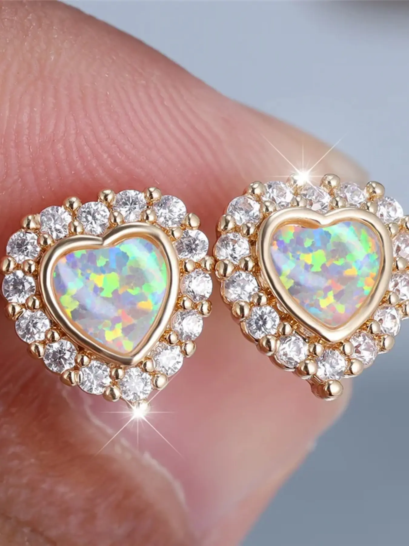 Cute Female White Fire Synthetic Opal Stone Heart Stud Earrings Gold Color White Zirconia Wedding Jewelry For Women Fashionable Jewelry Accessories Trendy Jewelry Heart Shape Earrings Earrings Studs