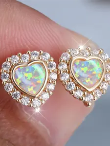 Cute Female White Fire Synthetic Opal Stone Heart Stud Earrings Gold Color White Zirconia Wedding Jewelry For Women Fashionable Jewelry Accessories Trendy Jewelry