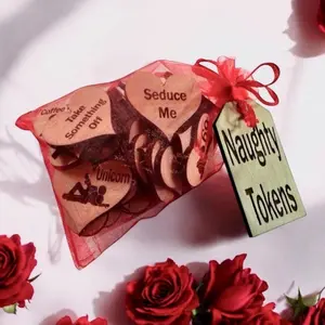 Spicy Adult Activity Tokens - Heart-Shaped Wooden Tokens in Red Organza Bag - Couples Gift for Anniversaries, Weddings, Valentine's Day & Date Night