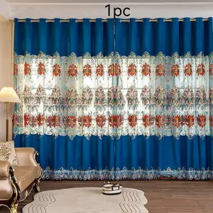 1pc Luxury Blue Velvet Curtain with Embroidered Water-Soluble Lace, Cutwork Embroidered Curtain. Charming Red Filter Curtain - Sequined Appliqué & Embroidered Curtain for Living Room, Bedroom, Dining Room, European Style Curtain