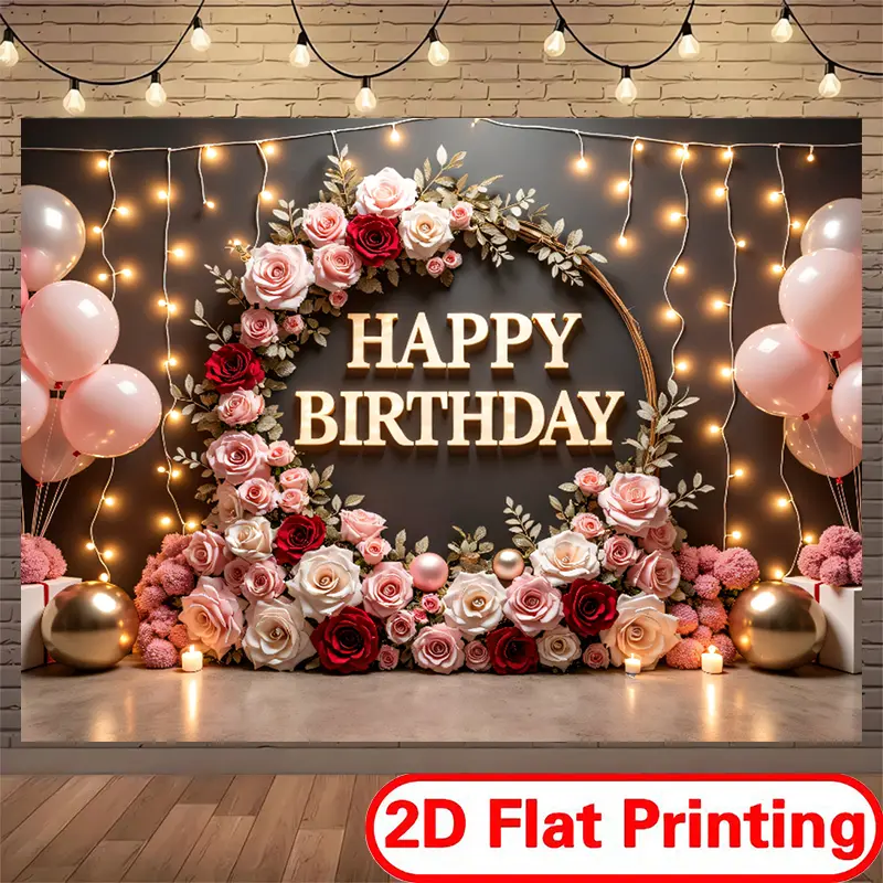 2D Flat-Printed Polyester Wishing Banner Backdrop - Vibrant Floral Ornaments, Golden Balloons, Happy Birthday Text, Party Decoration Supplies for Family Celebrations