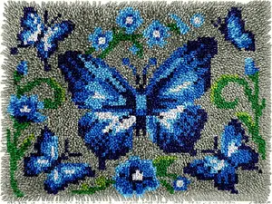 Blue Butterfly Latch Hook Rug Kits for Adults Beginners, Pre-printed Carpet Making Starter Kit, Easy to Use DIY Wall Hanging Set 20x15 Inch