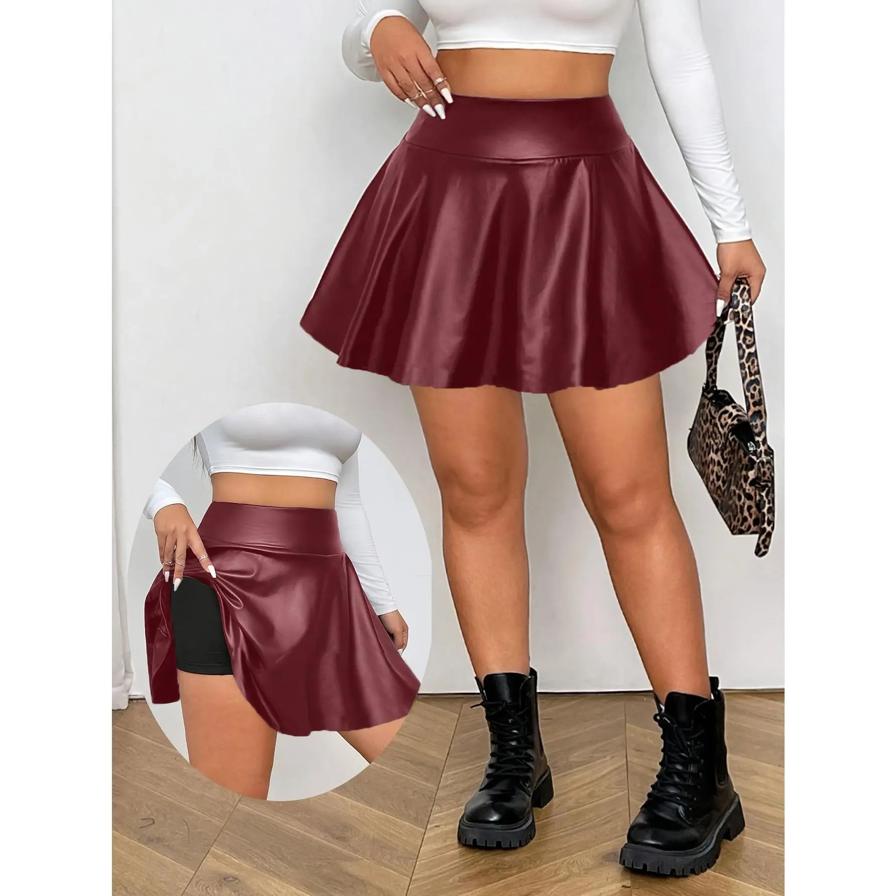 Plus Size High Waist Skirt, Casual PU Leather A-Line Skirt, Sports Casual Skort with Shorts, Spring Summer Pleated Skirt Bottoms Knitting