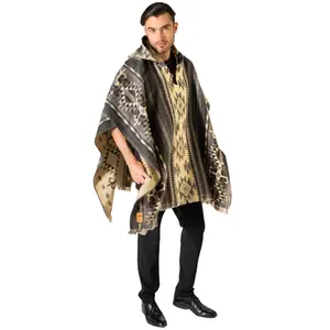 Premium Alpaca Wool Poncho – Western Hooded Cape for Men & Women – 50% Alpaca, Soft & Warm Mexican Poncho - Light Gray Geometric Design