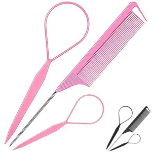 3pcs Hair Loop Tool Set for Women & Men - Pink Hair Styling Tools, Braiding Supplies, Clipper, Comb, Tie/Cutter/Loop Remover, Styling Kit, Hairpin, Accessory