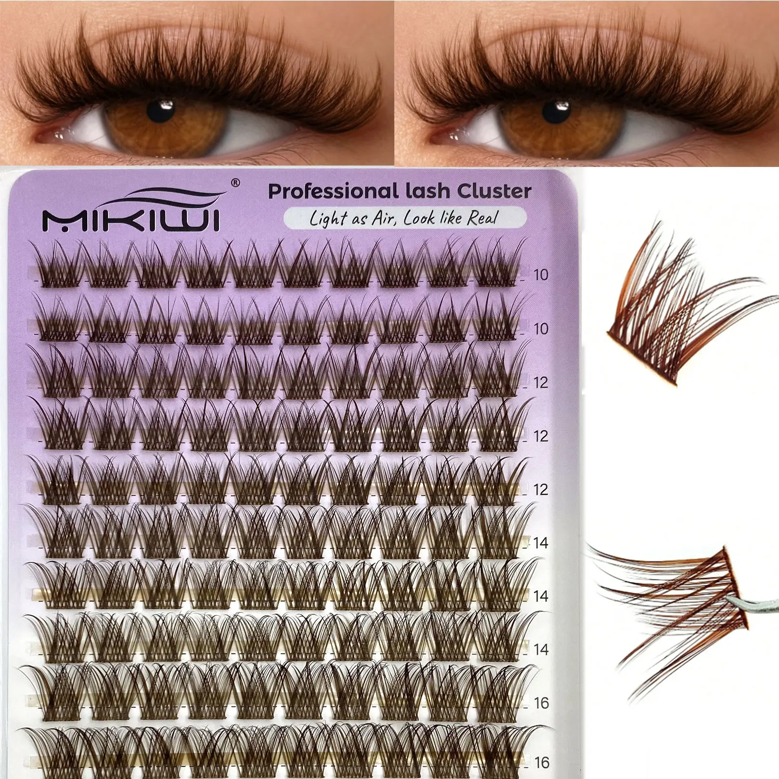 Brown Colored D-Curl Lightweight Cluster False Eyelashes, Natural Brown Makeup, Soft & Comfortable, Suitable Eyelash Extension Criss-Cross Voluminous Natural Look Lash Clusters For Travel & Daily Makeup