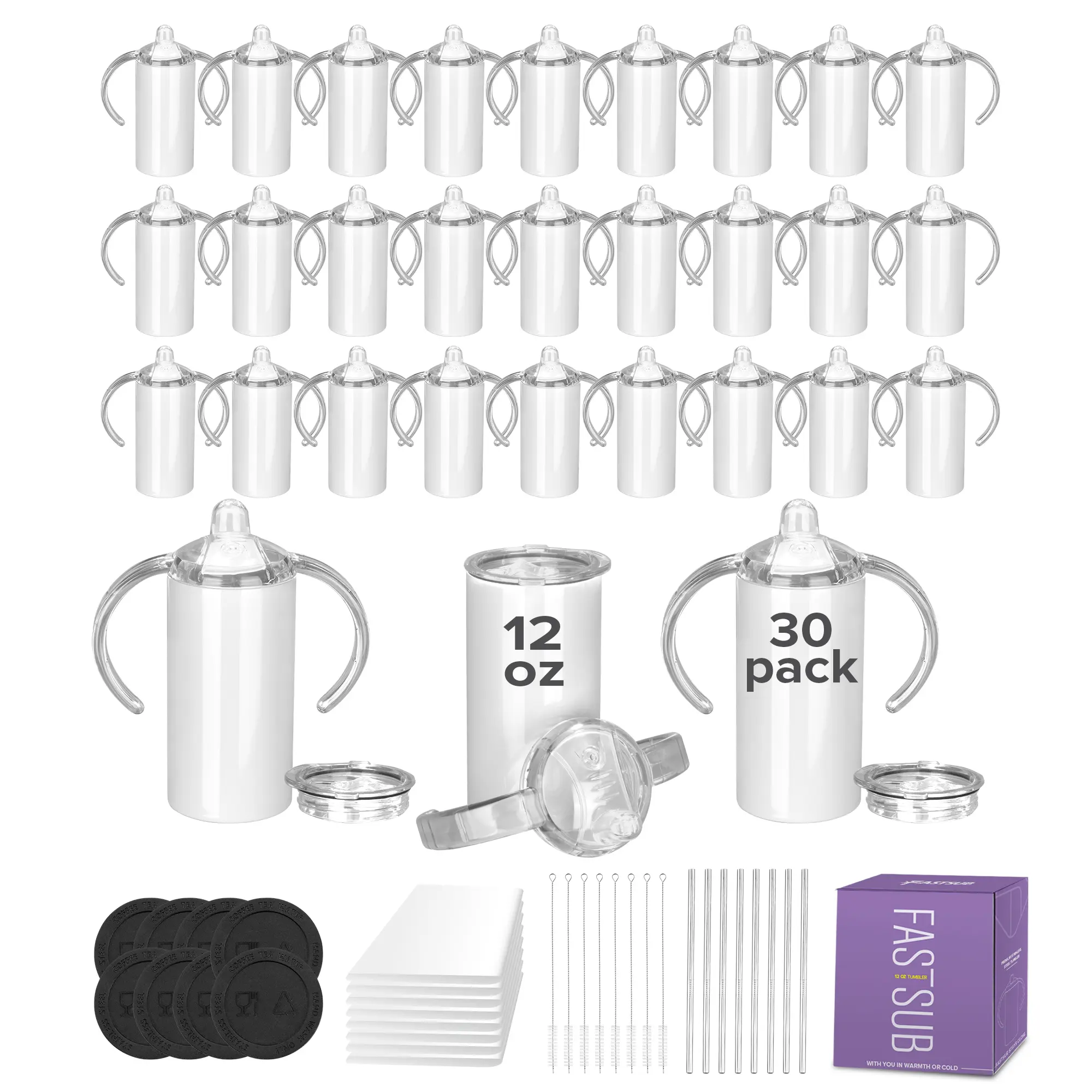 FASTSUB 12 oz Child Skinny Sublimation Duo Sippy Water Bottles (30 Pack) - Portable Stainless Steel Insulated Drinkware Vacuum Flask with Lid, Handles, Thermal Double-Layer Silicone Straw for Tumbler Press, Oven, Stainless Steel Flasks