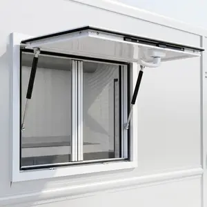 Sturdy Rectangle Aluminium Alloy Concession Window (36x24 in), 4 Horizontal Sliding Mesh Screens, 85° Hydraulic Lift Awning Door, Waterproof Rustproof Sun Protection Stable Serving Window for Food Truck, Mobile Coffee Cart