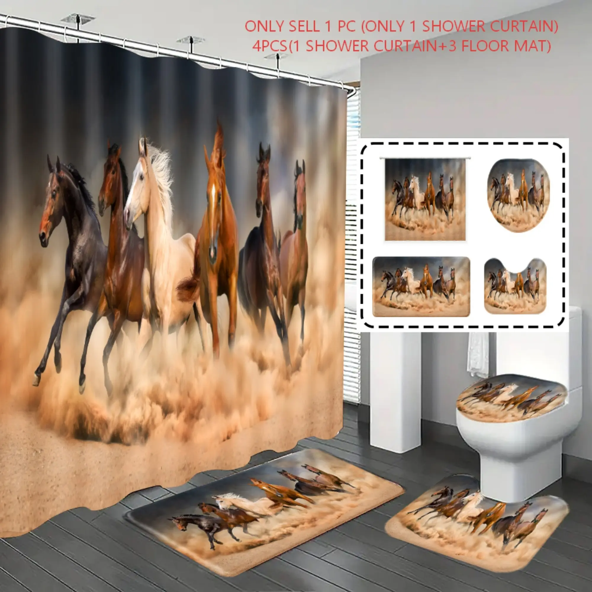 [Popular Choice]1pc/4pcs, bathroom curtains shower, bathroom set, shower curtains, bathroom rug, home decoration, Decorative, bath mat, bathroom mat, horse pattern, animal theme decoration, bathroom set, with 12 hooks, Shower Curtain Sets