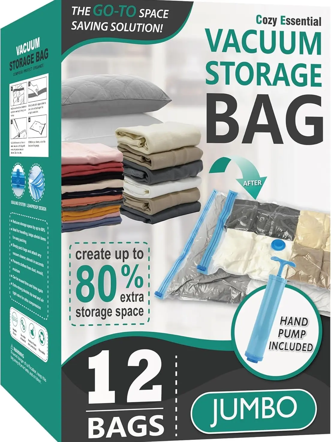 Cozy Essential 12 Pack Jumbo Vacuum Storage Bags, 80% Space Saving Airtight Vacuum Compression Bags for Clothes, Blankets, Pillows, Bedding & Comforters, Compatible with Vacuum Sealer Machine