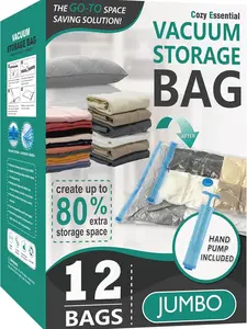 Cozy Essential 12 Pack Jumbo Vacuum Storage Bags, 80% Space Saving Airtight Vacuum Compression Bags for Clothes, Blankets, Pillows, Bedding & Comforters, Compatible with Vacuum Sealer Machine