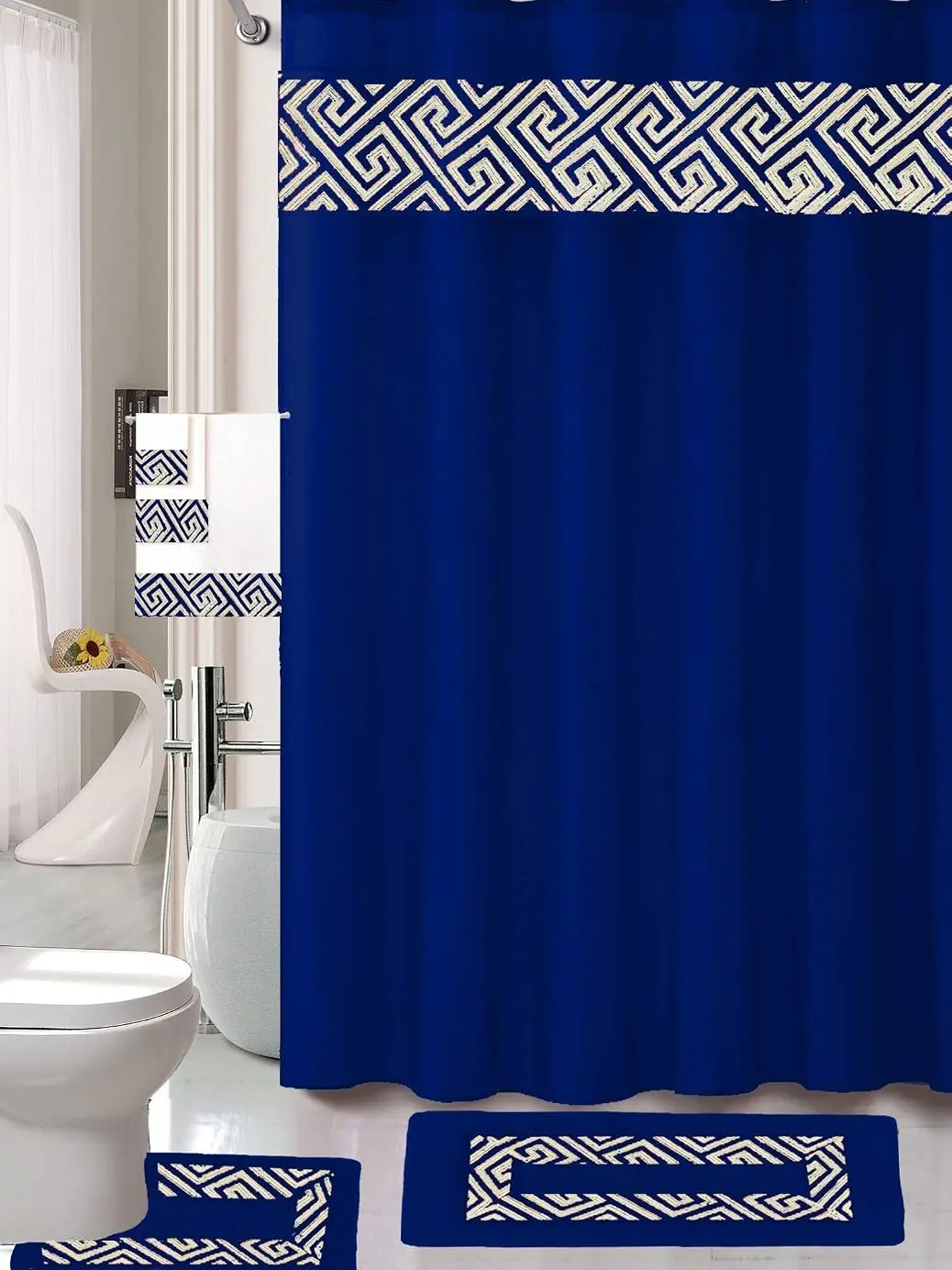 Luxury Home 18 Piece Embroidery Bathroom Rug Set Includes 1 Large Bath Mat, 1 Contour Mat, 1 Shower Curtain, 12 Shower Rings Hooks, and 3 Piece Decorative Towel Set