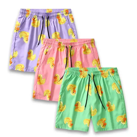 Men's 3-Pack Lightweight Duck Graphic Fitted Cut Shorts - Above the Knee, Elastic Waist, Pullstring Tie, Adjustable Bottom, Bright Print Bulk Fashion Summer Casual Beachwear