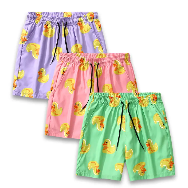 Men's 3-Pack Lightweight Duck Graphic Fitted Cut Shorts - Above the Knee, Elastic Waist, Pullstring Tie, Adjustable Bottom, Bright Print Bulk Fashion Summer Casual Beachwear