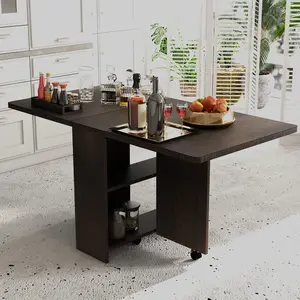 Space-Saving Folding Dining Table with Drop Leaf - 2-Tier Storage Shelves, Extendable Foldable Kitchen Table for Small Spaces, Table Pliante
