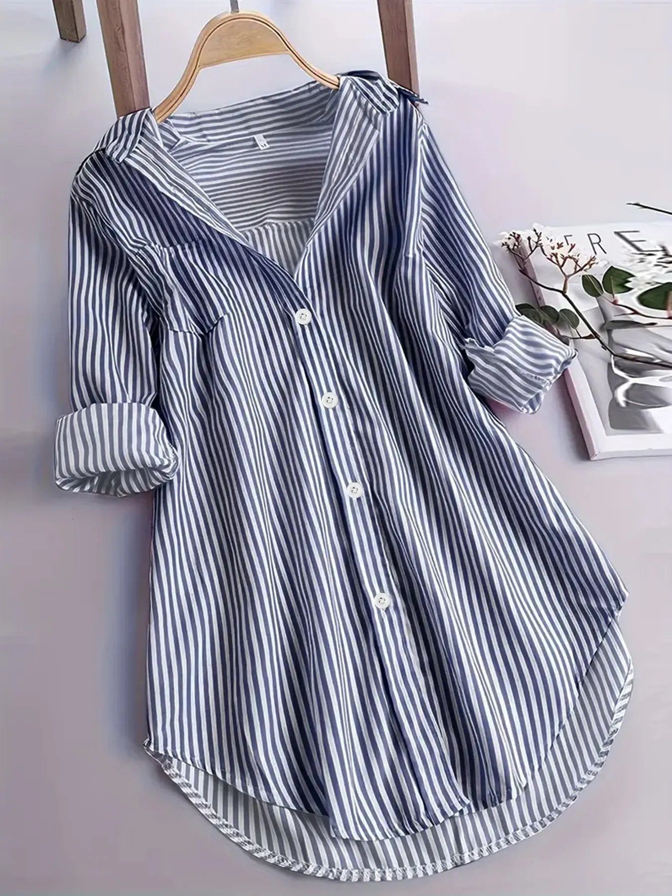Women's Striped Long Sleeve Shirt, Elegant Spring & Fall Top, Casual Daily Wear, Women's Clothing