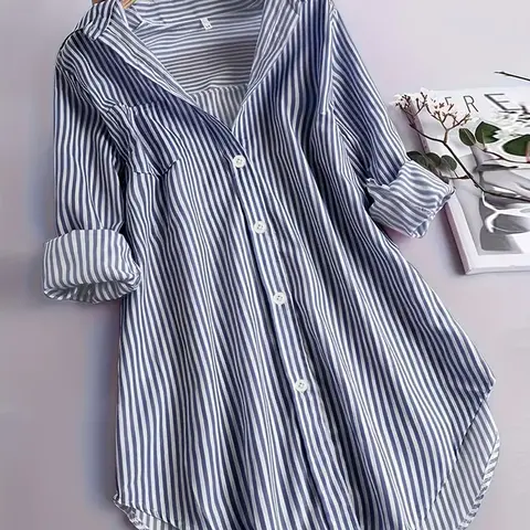 Women's Striped Long Sleeve Button Up Basic Shirt Blouse, Elegant Spring & Fall Top, Casual Daily Wear, Women's Clothing