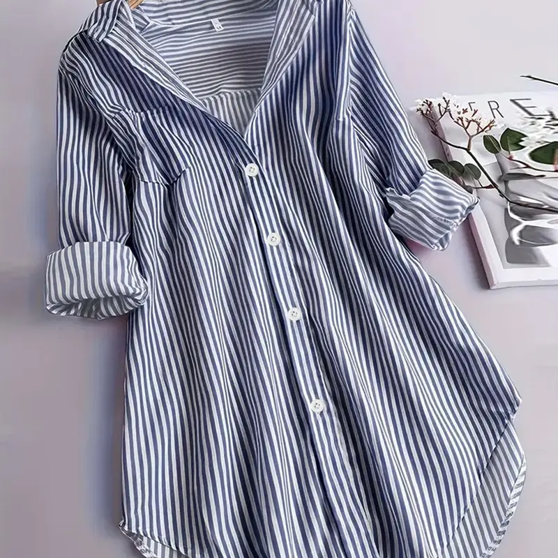 Women's Striped Long Sleeve Button Up Basic Shirt Blouse, Elegant Spring & Fall Top, Casual Daily Wear, Women's Clothing