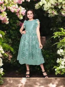 Sea Breeze Delight-Traditional  Party Wear Georgette Embroidery Mirror Work Frock For Girls