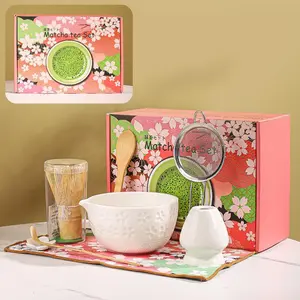 8-Piece Matcha Set - Tea Kit with Cherry Blossom Bowl, Bamboo Whisk, Wood Scoops, Tea Cloth & Floral Display - Gift-Ready Pink Cherry color box (white)
