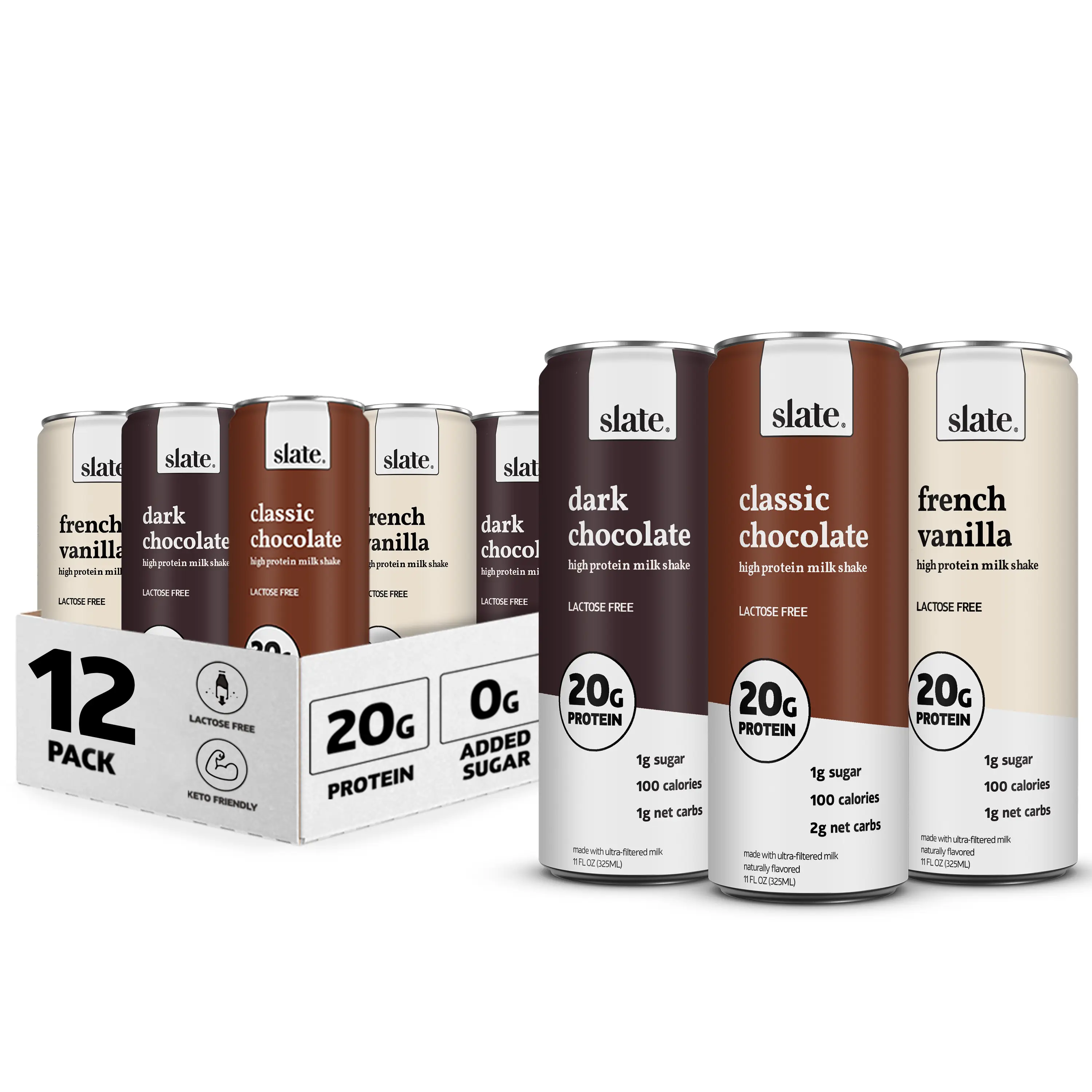 Slate Milk - High Protein Milk Shake - Core Variety Pack - Classic Chocolate, Dark Chocolate, French Vanilla - Lactose Free, 20g Protein, 1g Sugar, 10