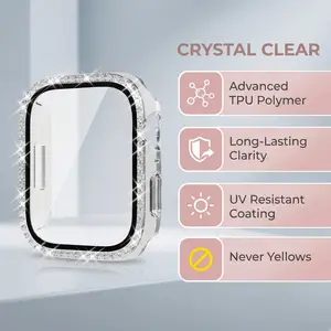 Shiny Diamond Decor Watch Case, Anti-Drop Ultra-Thin Tempered Glass Screen Protector, Watch Screen Cover, Compatible with Apple Watch Series 41mm/1.6inch