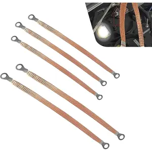 5PCS Flat Braided Copper Ground Straps Insulated Flame-retardant Grounding Cable Straps High Conductivity Bridge Connectors with Terminals for Most Cars Gold