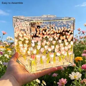 LED Tulip Sea Cube Night Light, 4 Color Options, Handmade DIY Artificial Flower Decor, Valentine's Day Gift, Creative Bedside Desk Lamp, Home Decoration Lamp