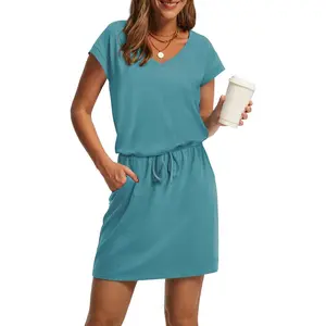 Summer Dresses for Women V Neck Casual Mini Dresses Tie Waist Sundresses with Pockets